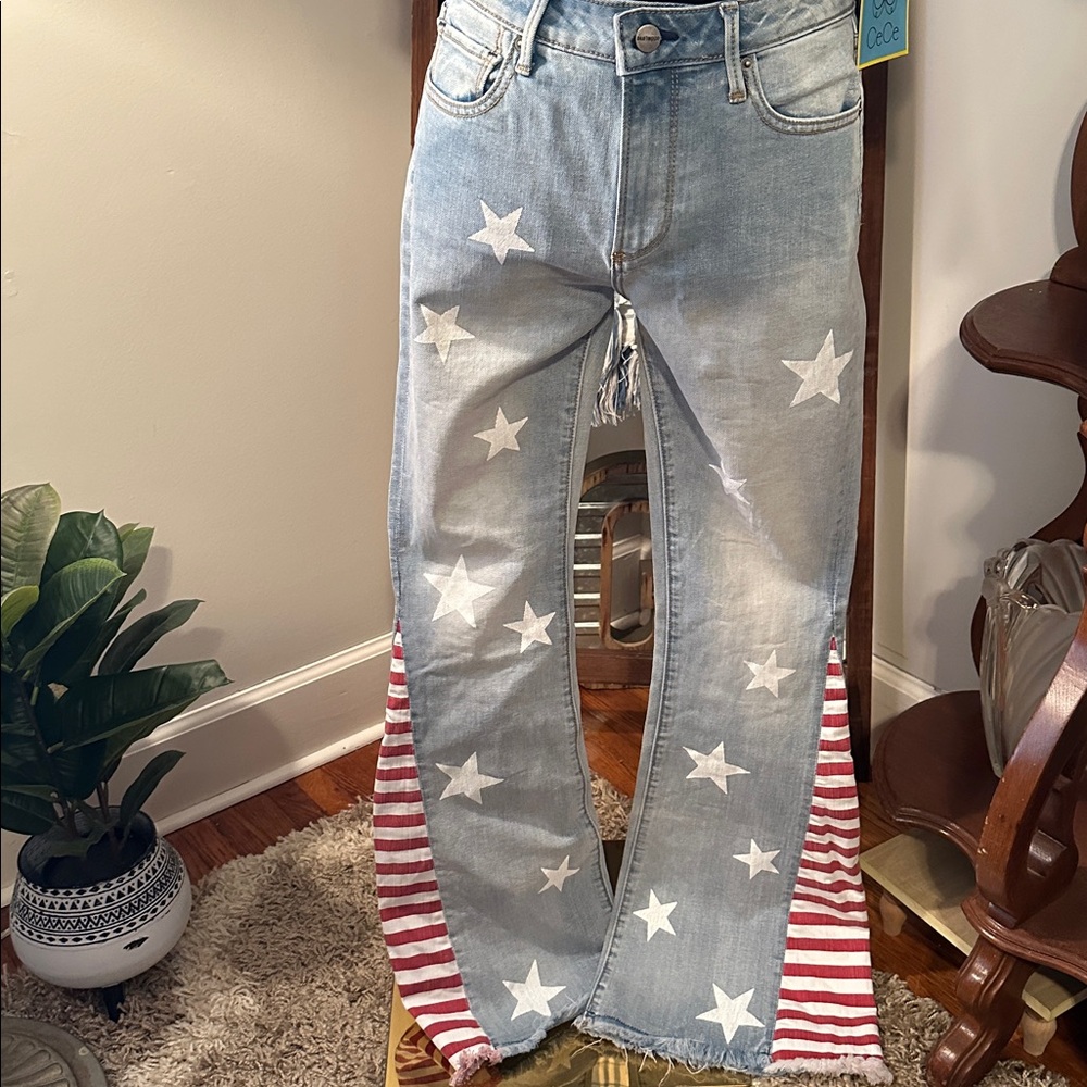 Free People Driftwood Farrah Printed Stars and Stripes Flare Jeans Size 27
